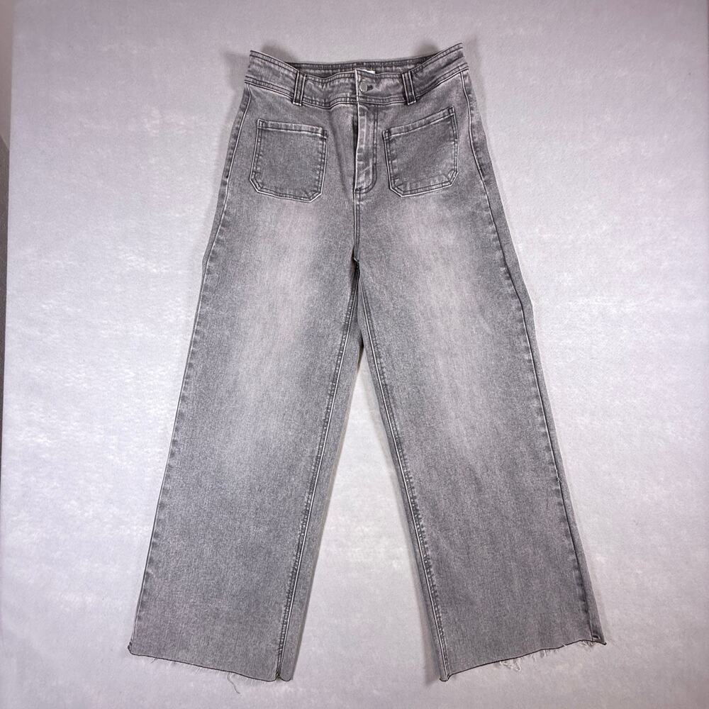 OAT New York gray wide leg jeans - high waist stretch raw hem EUC womens size 29
